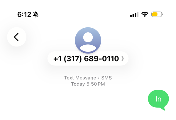 Member texts In to +1 (317) 689-0110, 5:50 PM